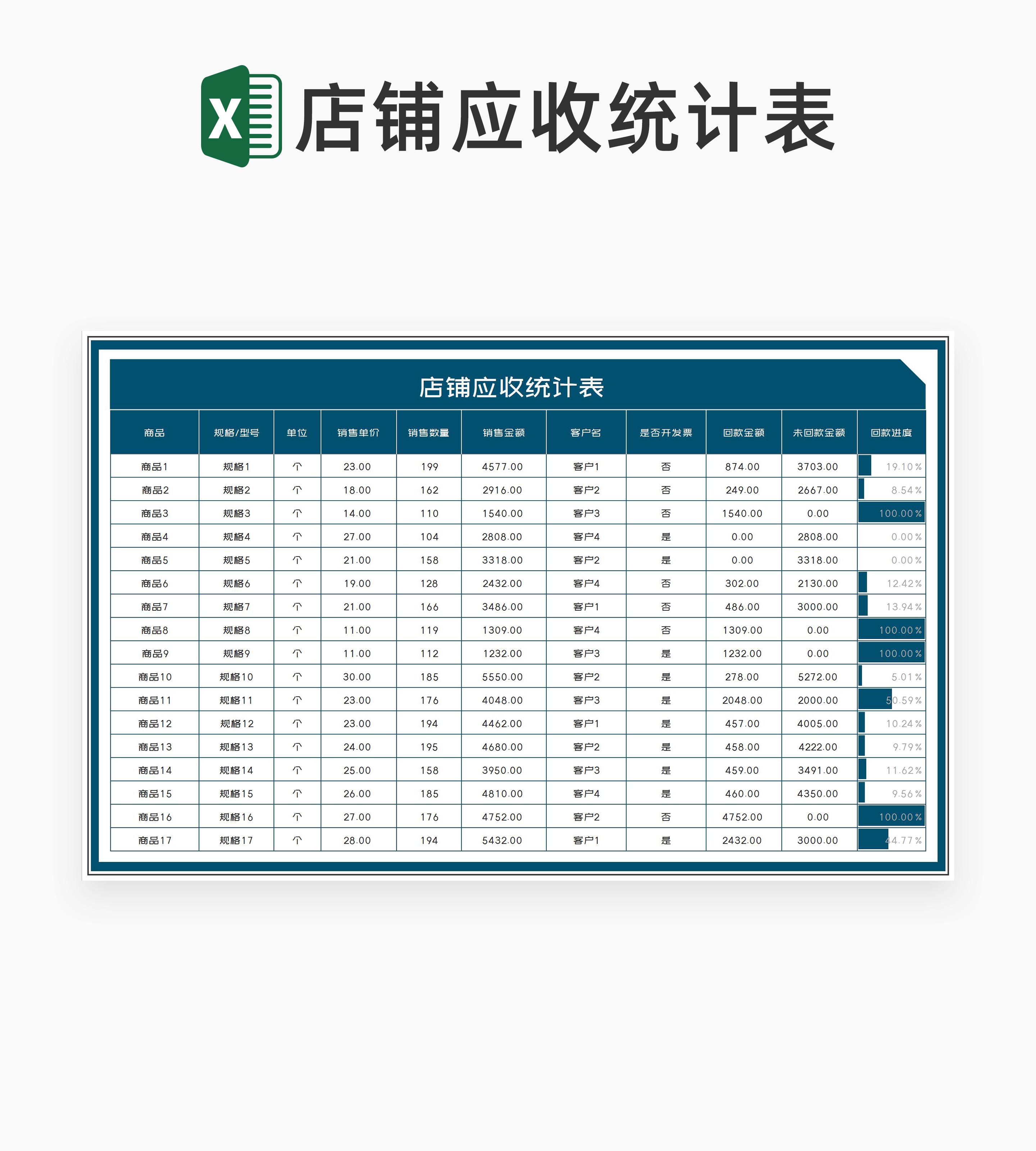 商务风店铺商品应收统计表Excel模板