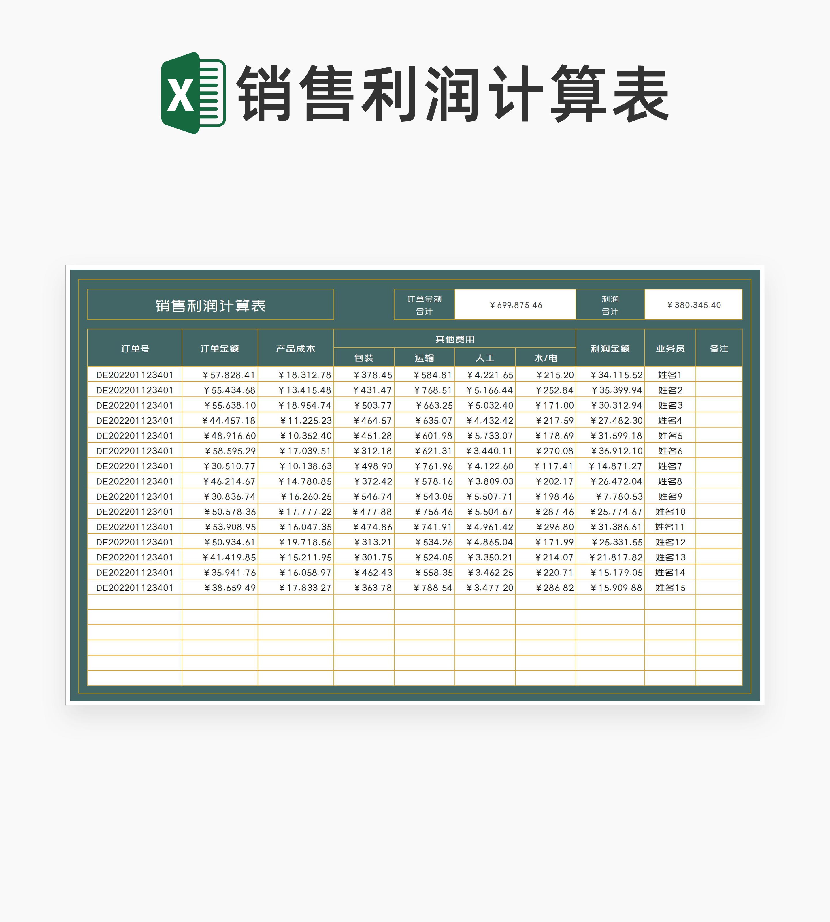 商务风鎏金绿色订单销售利润计算表Excel模板