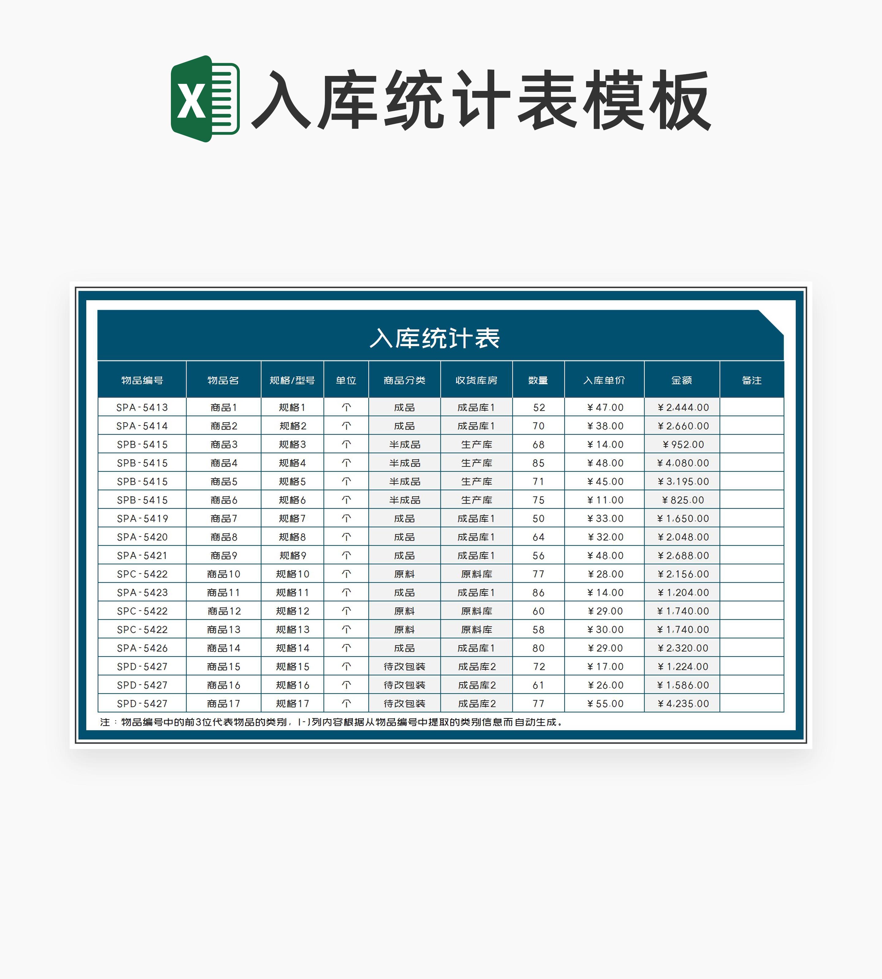 深蓝商品入库统计表Excel模板