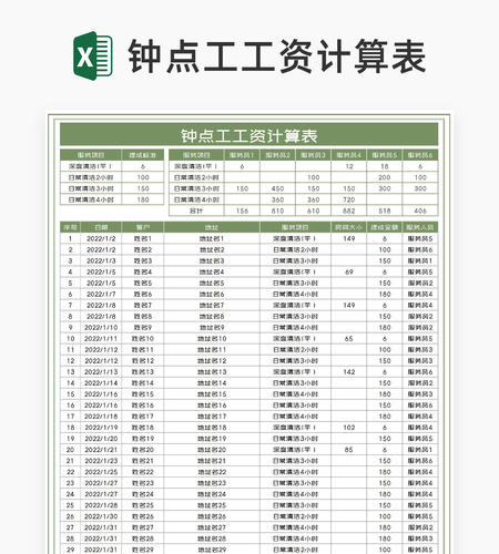 简约绿色钟点工工资计算表Excel模板