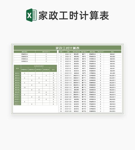简约绿色家政服务项目工时计算表Excel模板