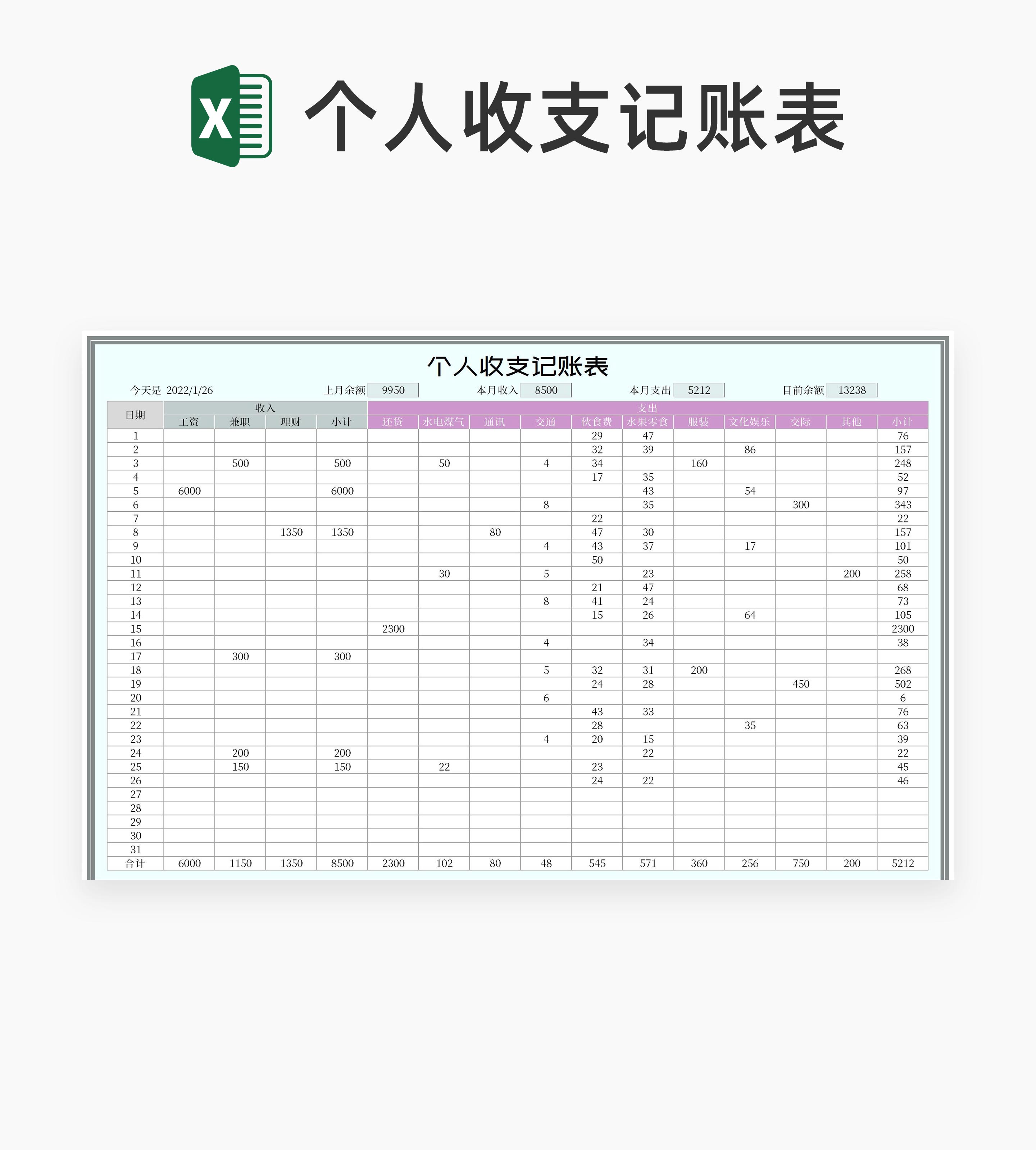 个人月度收支记账明细汇总表Excel模板