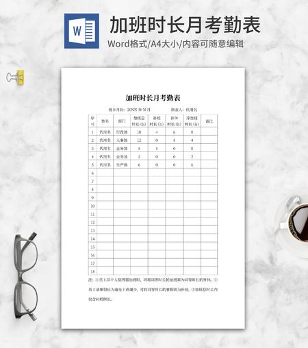 员工加班时长月考勤表word模板