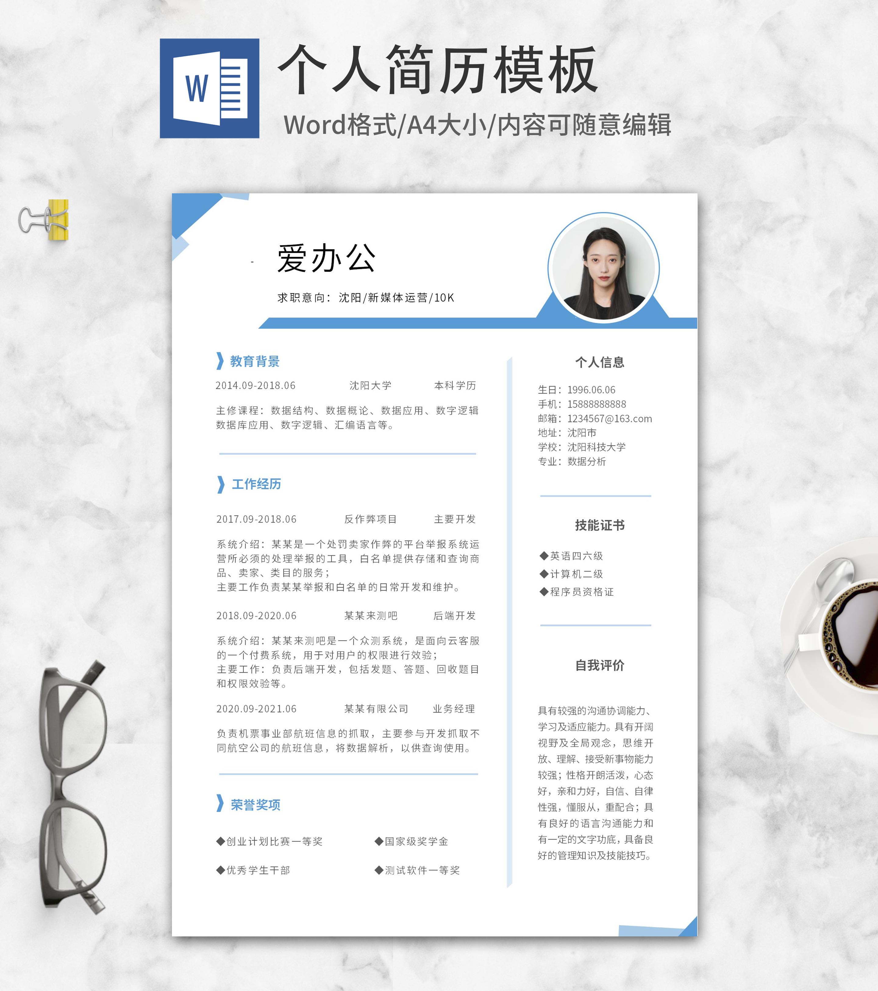 蓝色模块新媒体运营简历word模板