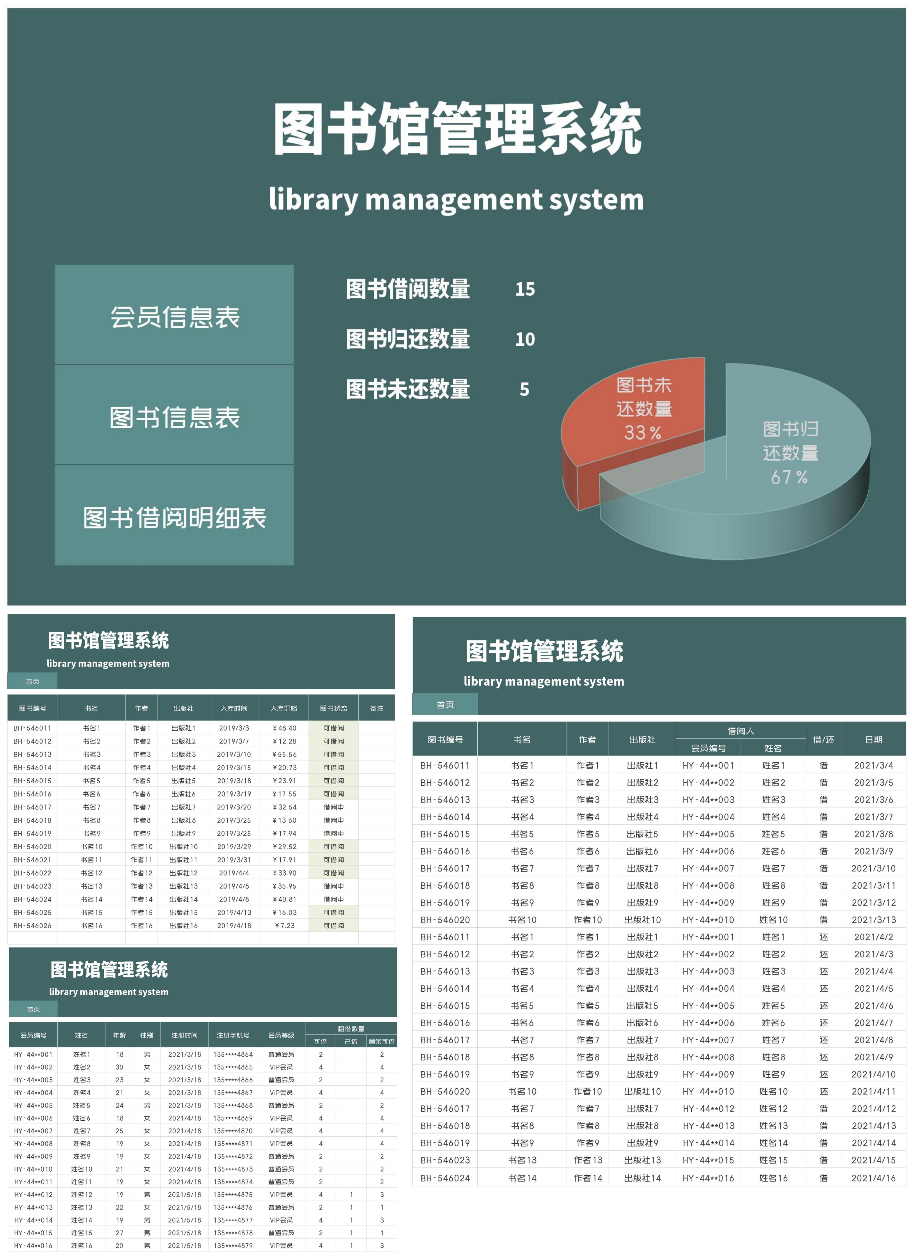 商务风绿色图书馆管理系统excel模板