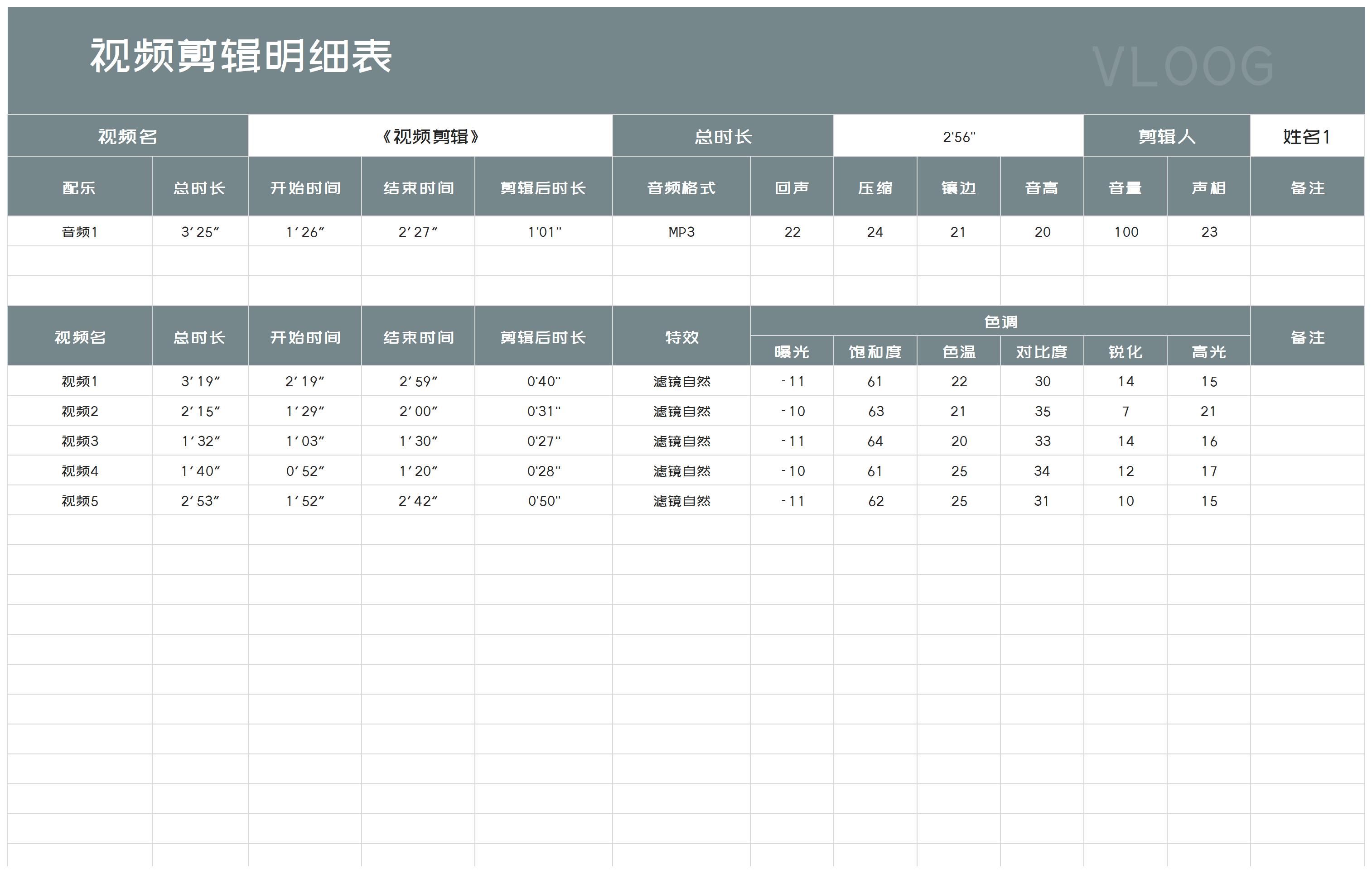 商务风视频剪辑明细表Excel模板