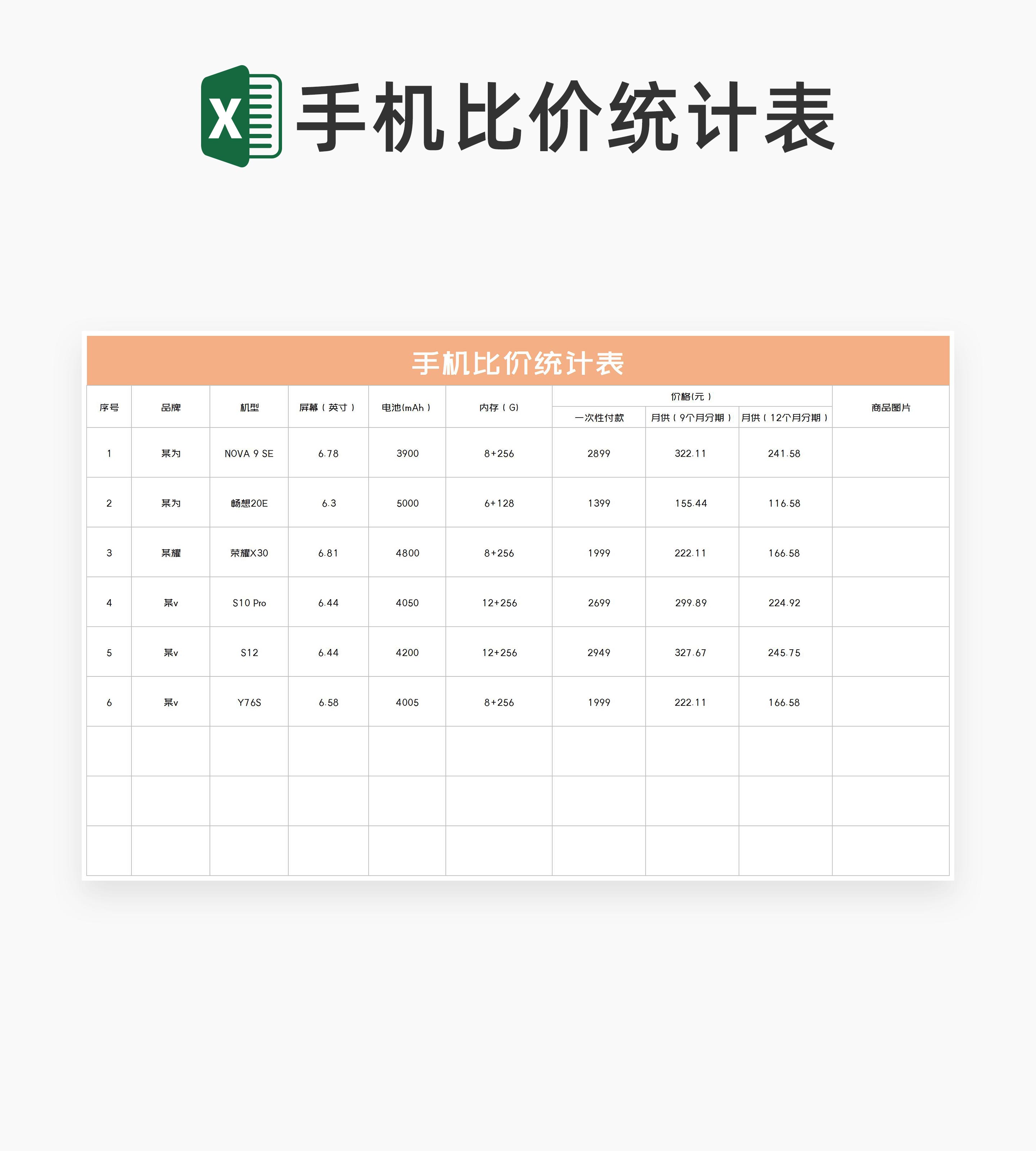 橙色手机比价统计表Excel模板