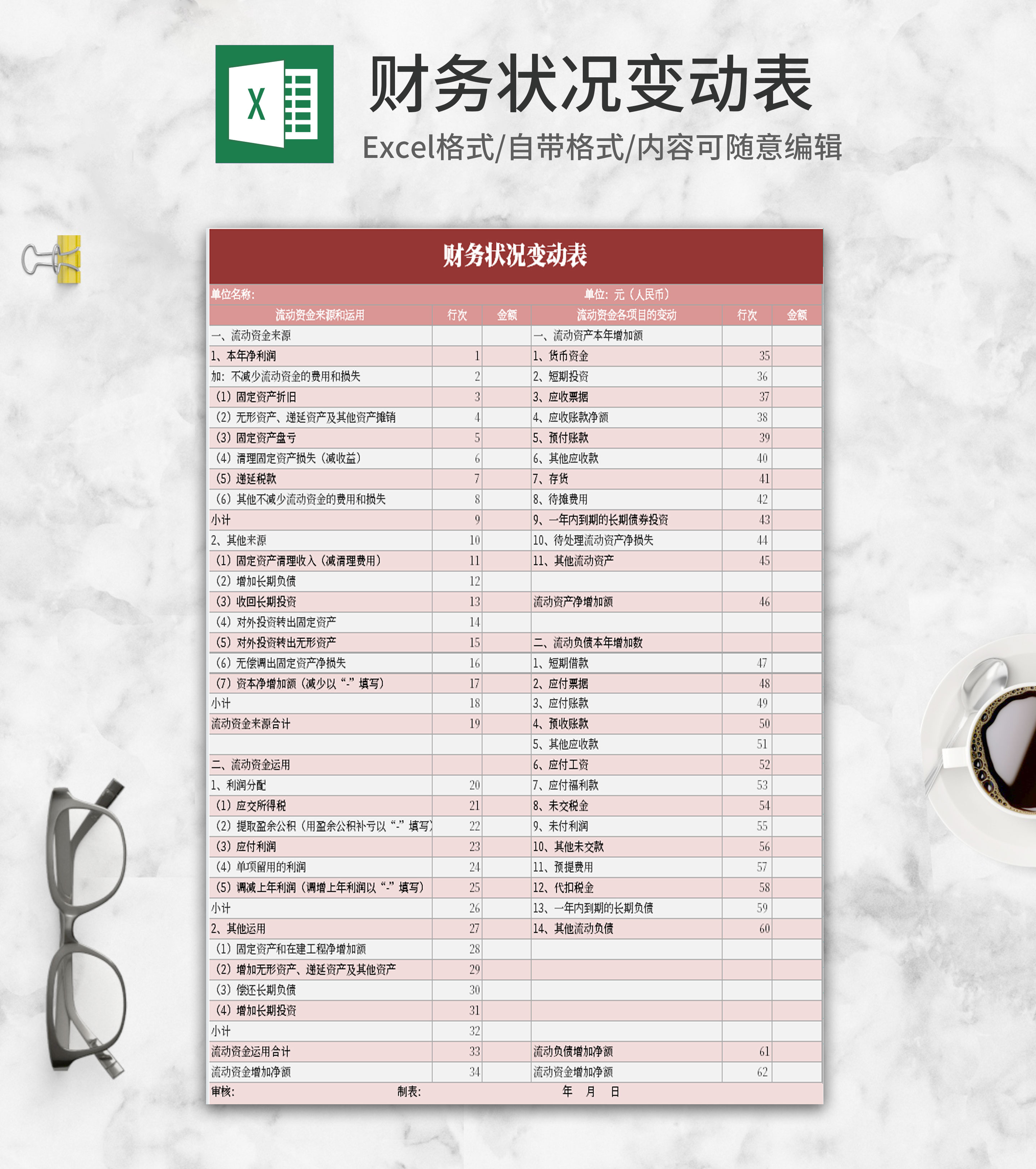简约风粉色财务状况变动Excel模板