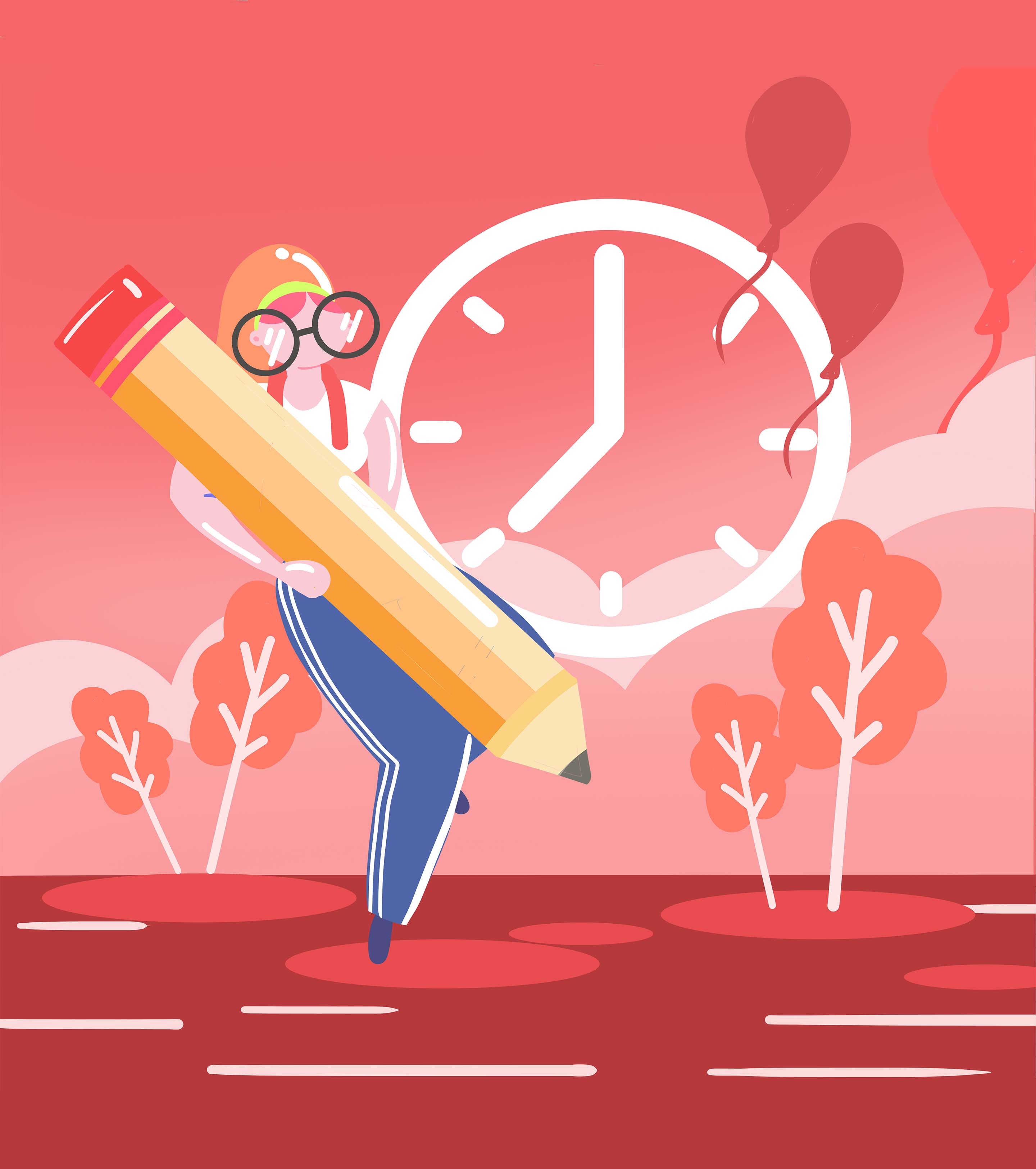 红色女孩高考倒计时卡通手绘