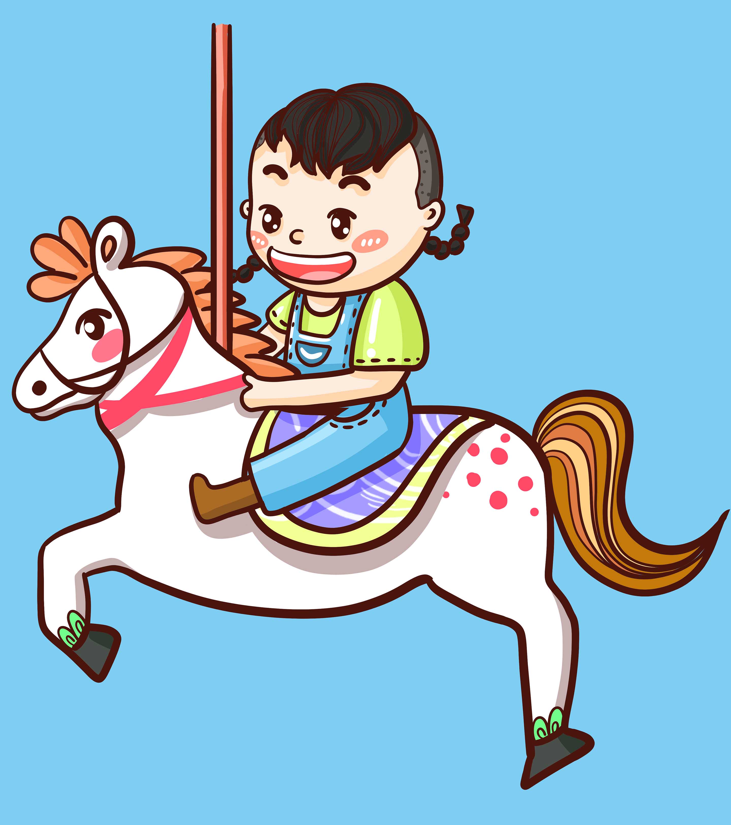 卡通蓝色可爱旋转木马儿童节元素