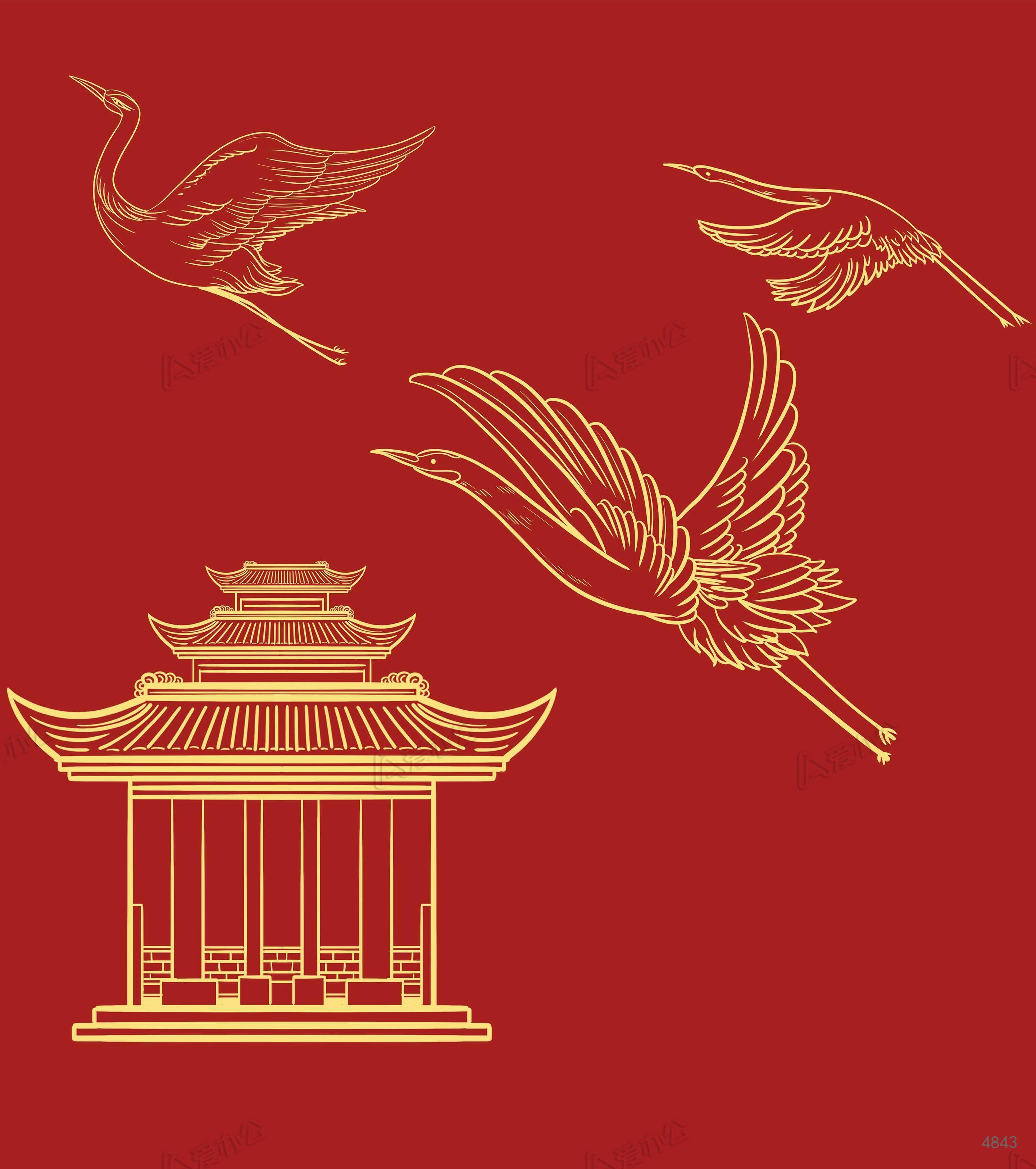 卡通中国风红色鹤凉亭元素下载_爱办公