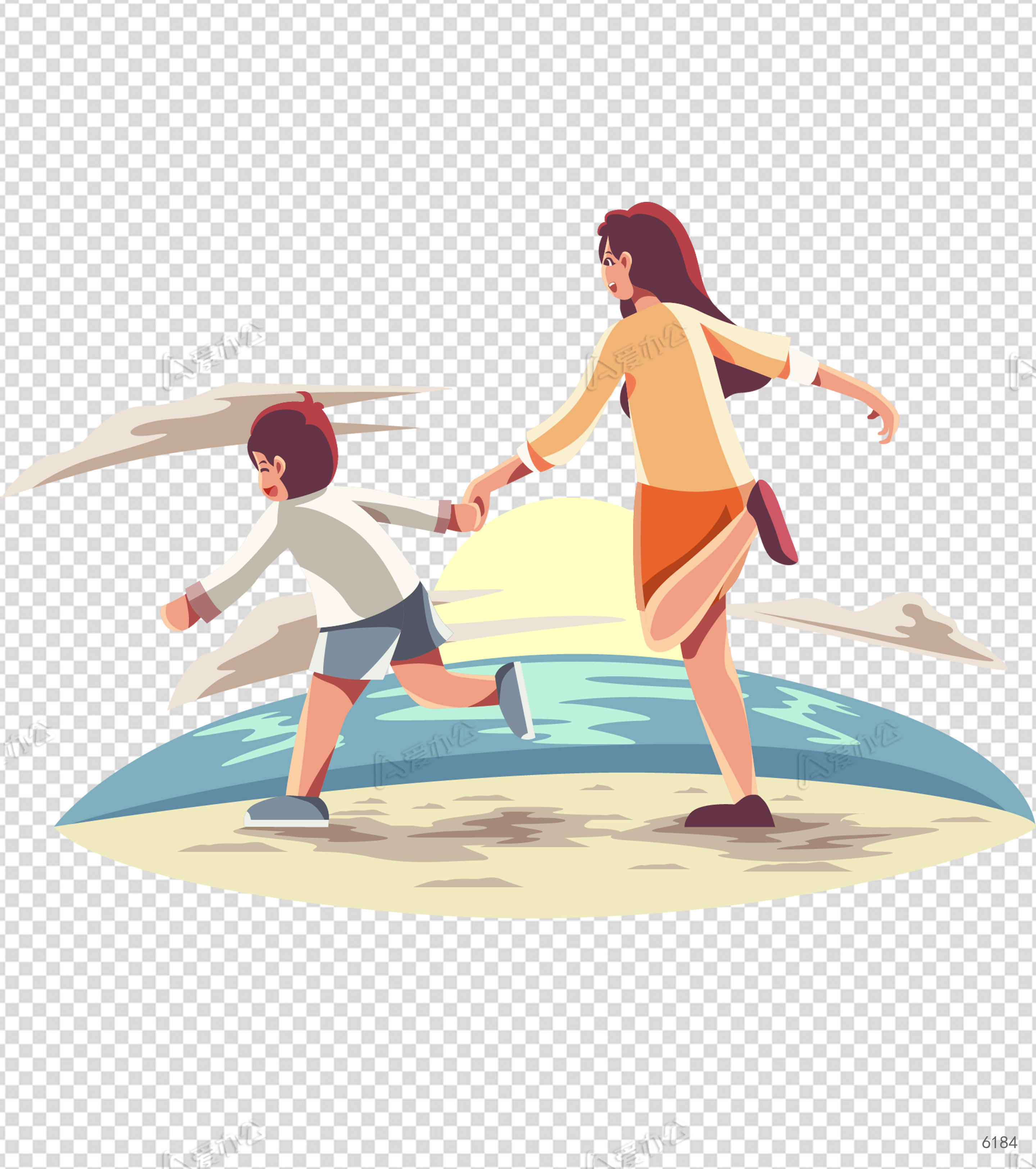 夕阳母子海边奔跑元素下载_爱办公