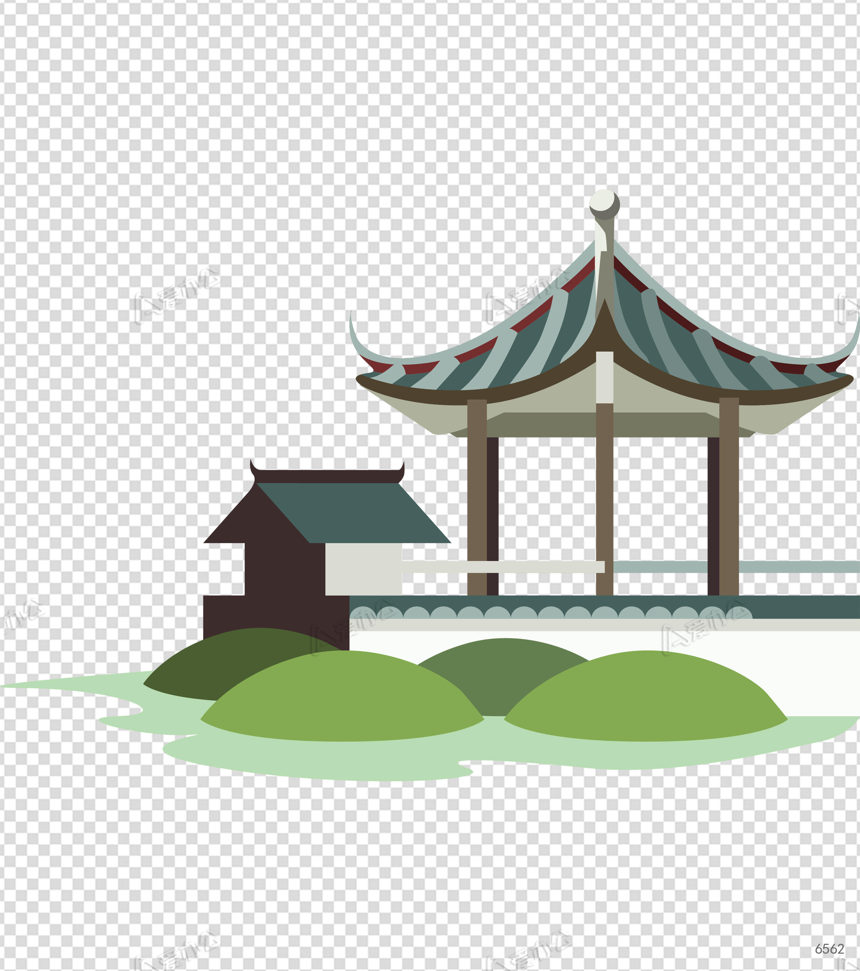 手绘古代凉亭建筑元素下载_爱办公