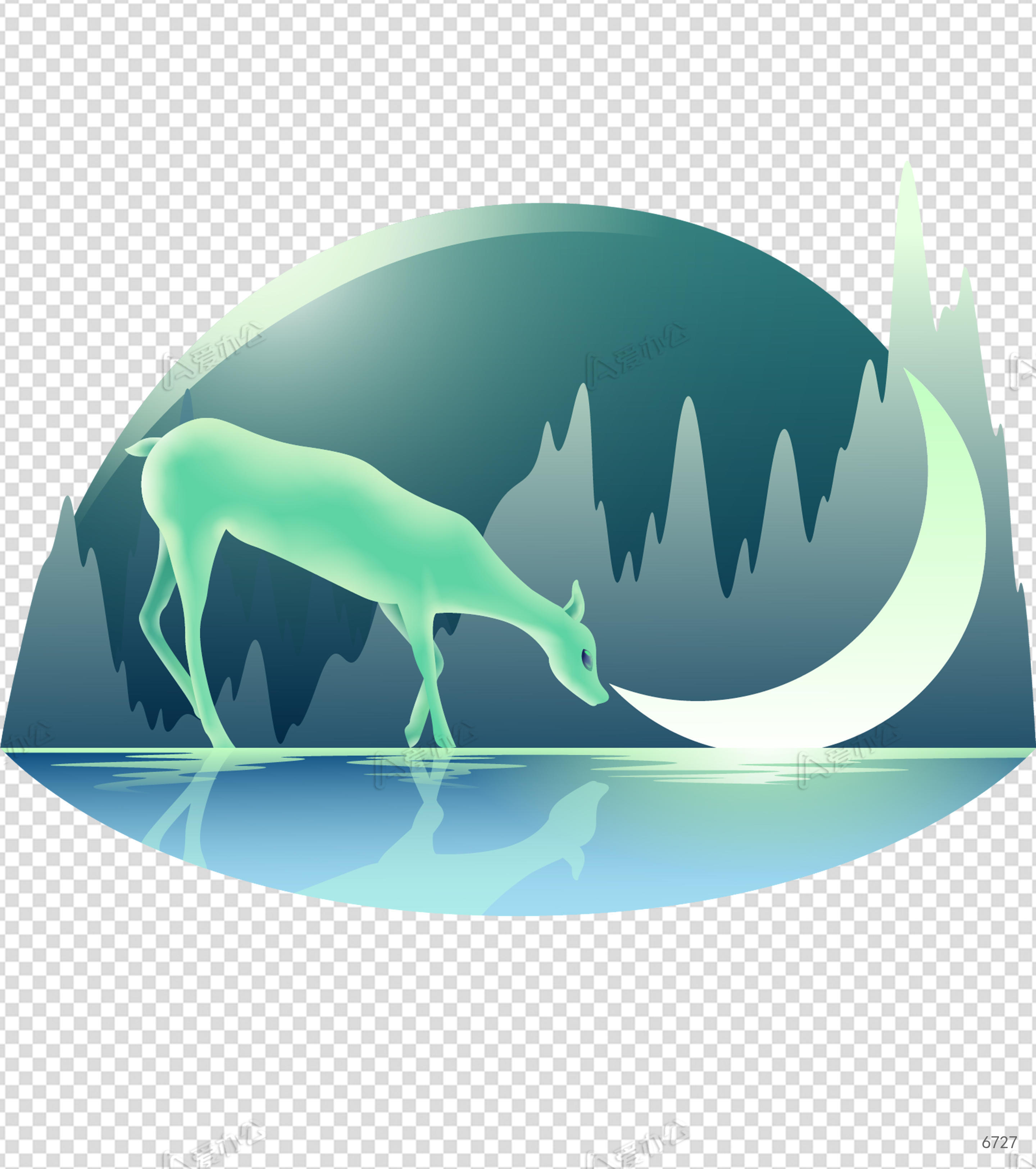 手绘月下仙鹿饮水元素