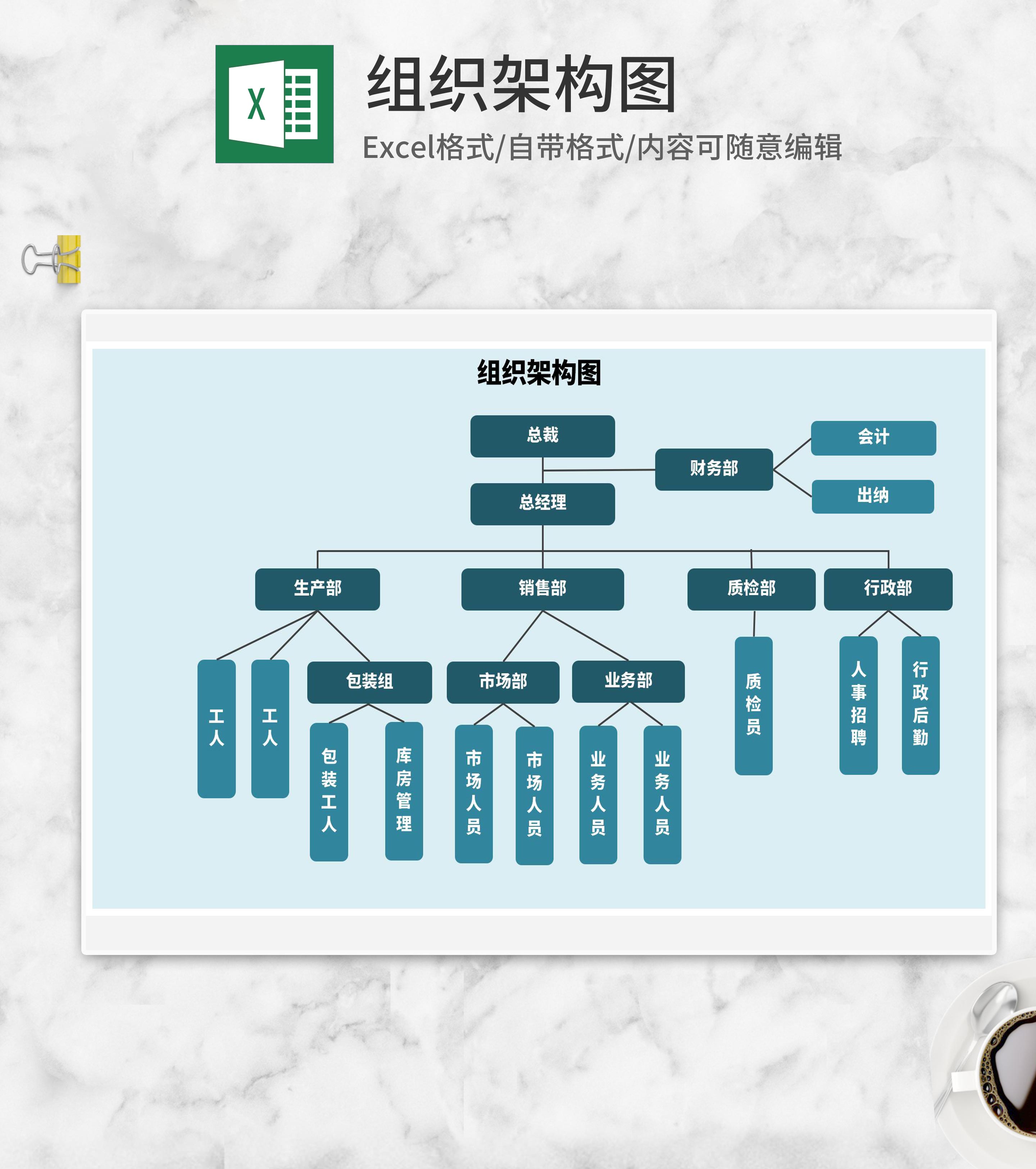 蓝色公司组织架构图excel模板