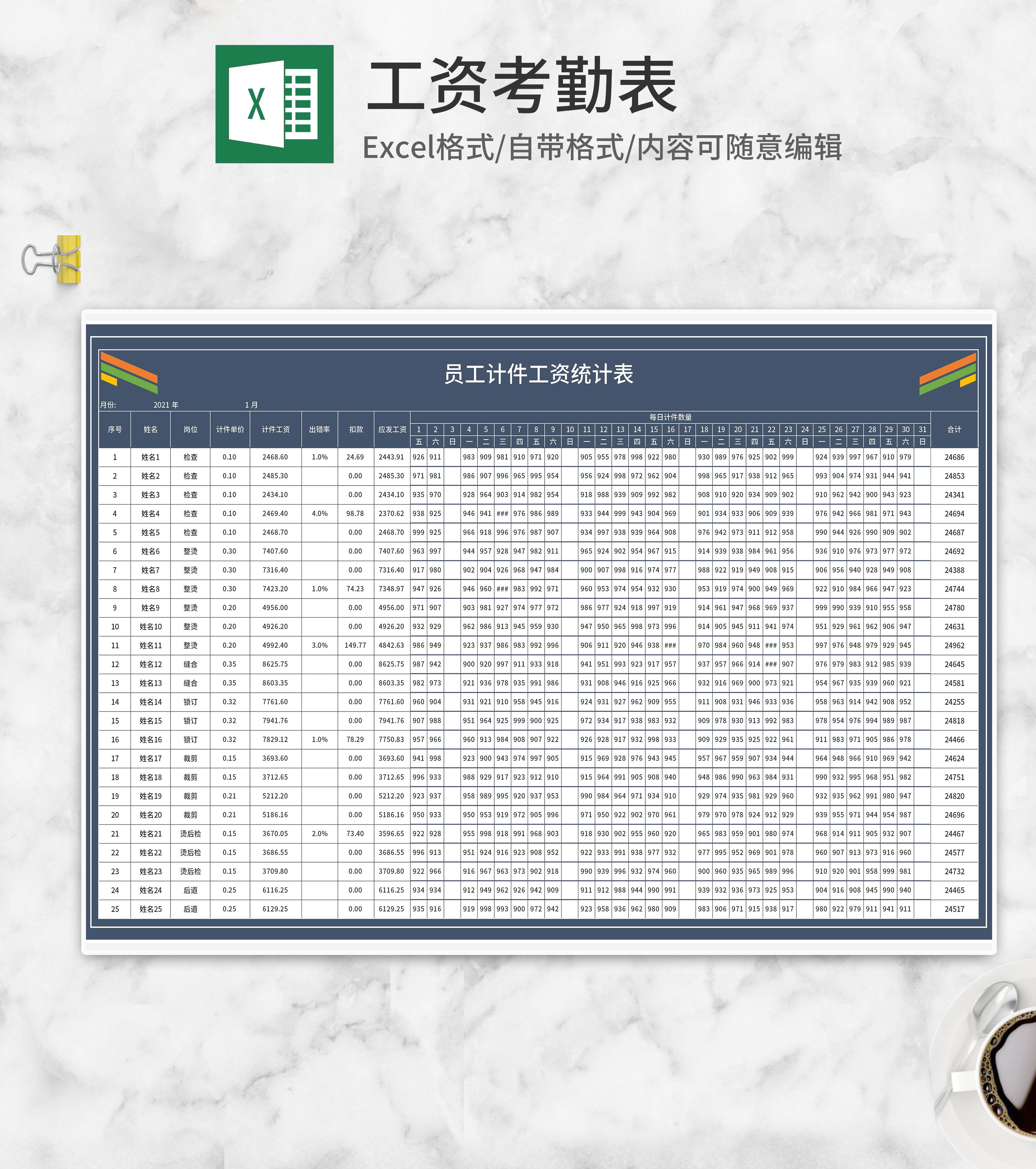 商務深色員工計件工資統計表excel模板