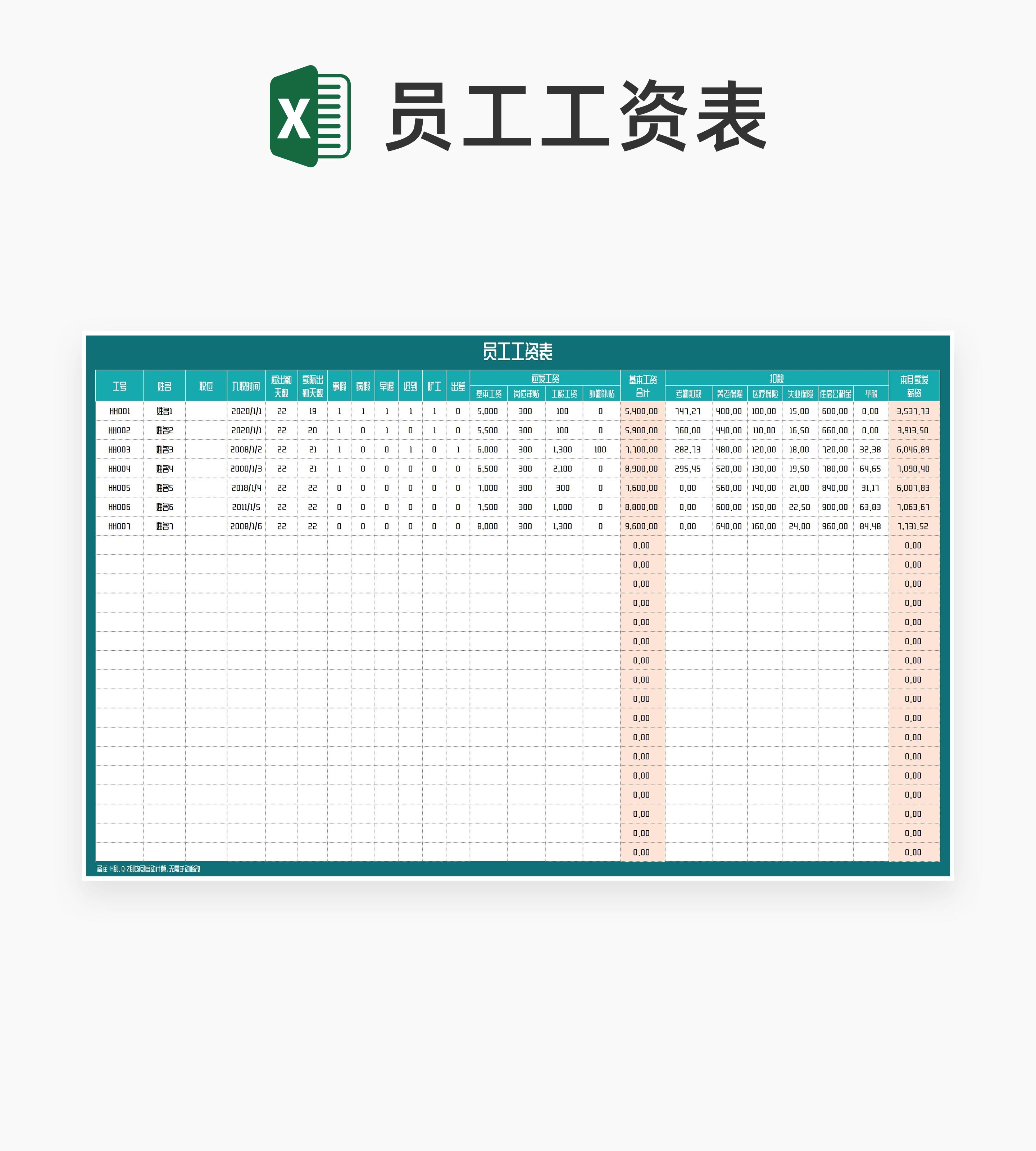 青色員工工資表excel模板