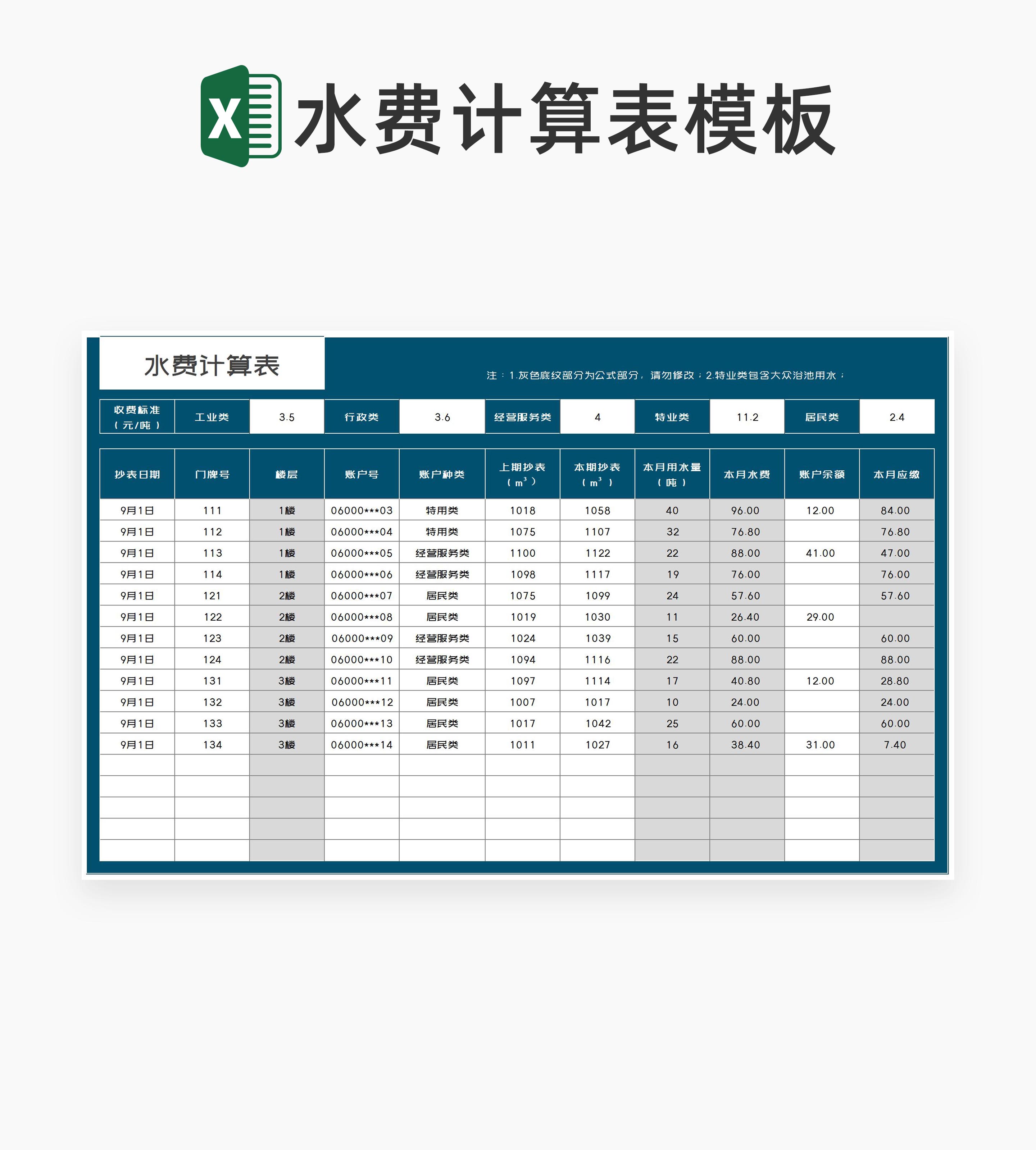 商务风蓝色居民水费计算表excel模板