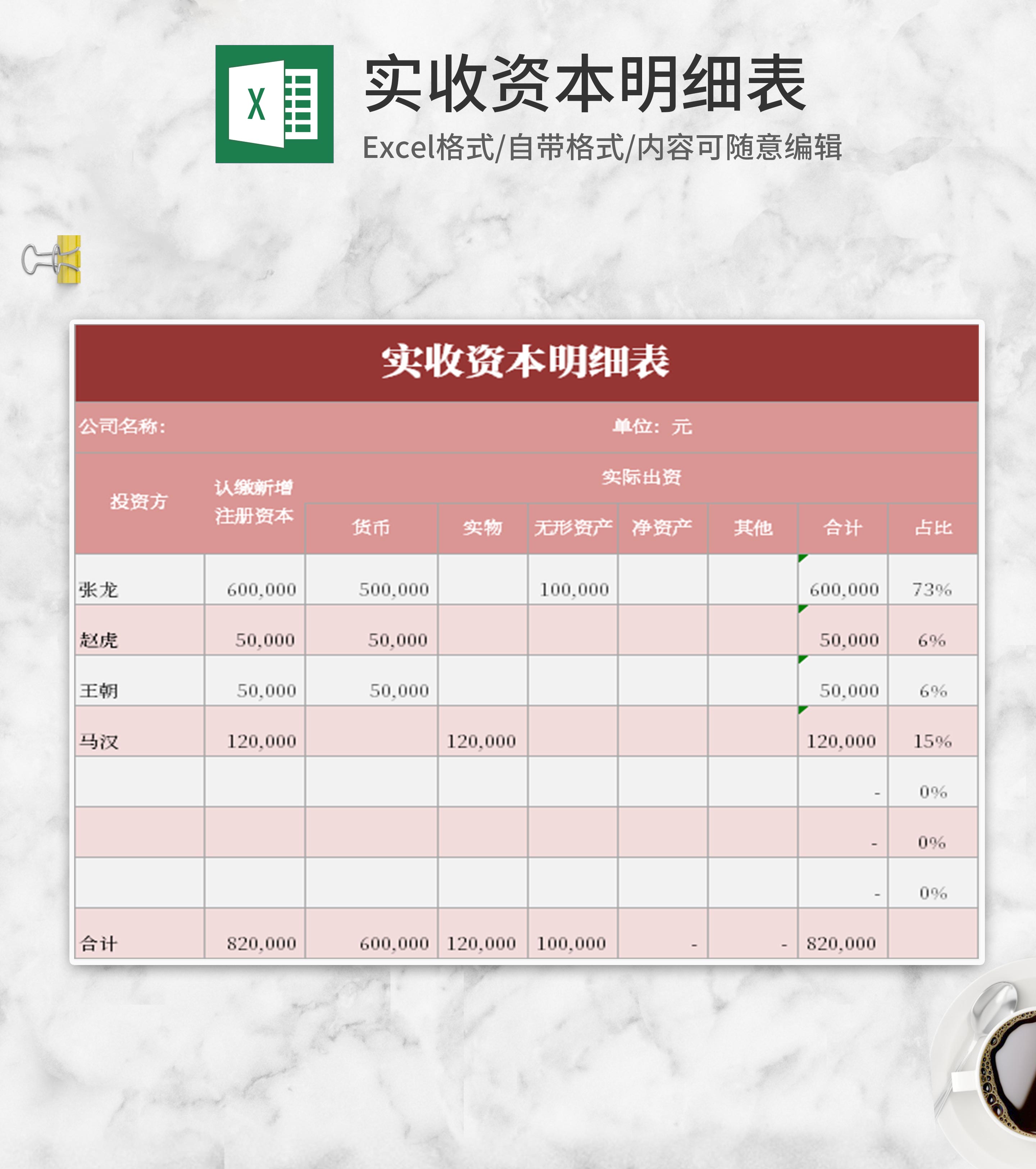 简约风粉色实收资本明细表excel模板