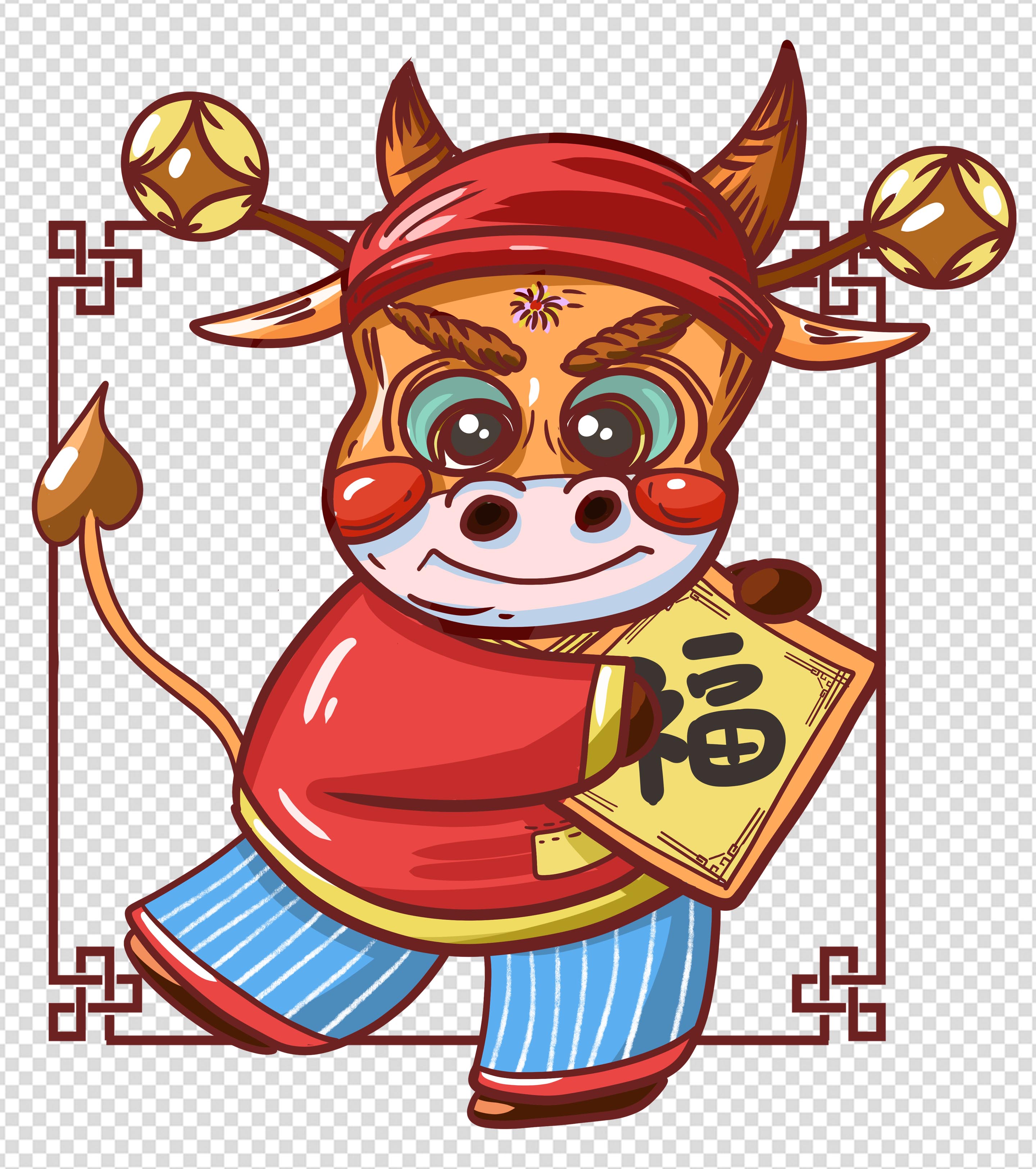 卡通牛财神爷送福元素